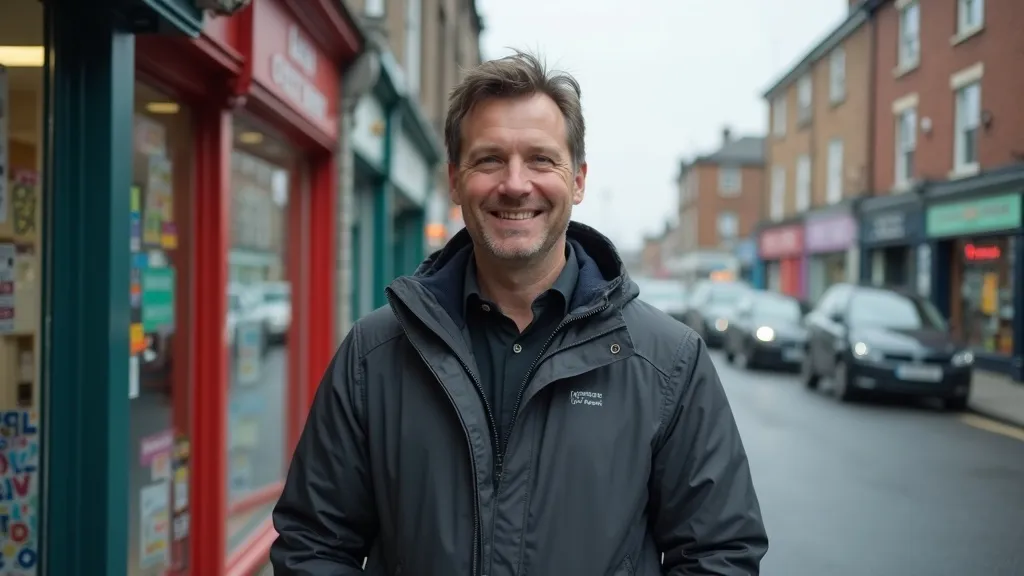 Irish business owner at the entrance of a shopfront on an Irish market town high street, representing local business AI search visibility