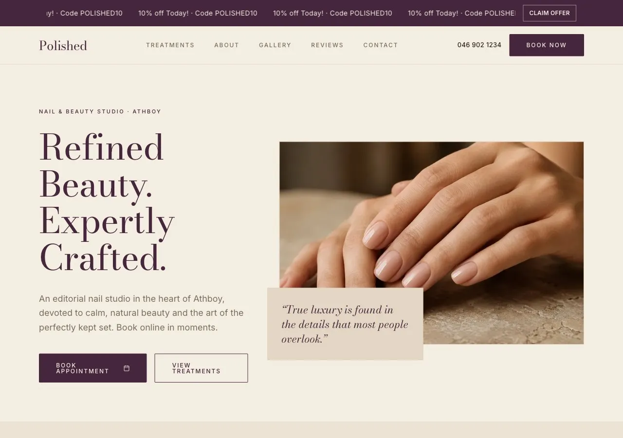 Polished Nail Studio website homepage built by System Setter