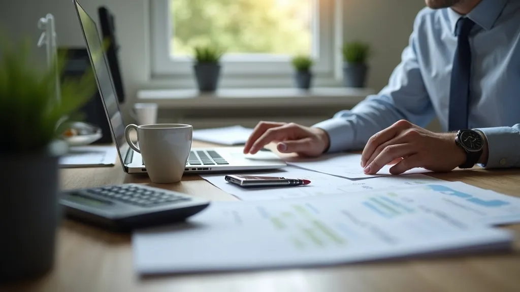 An accountant in Ireland reviewing financial reports at a tidy desk, illustrating SEO for accountants