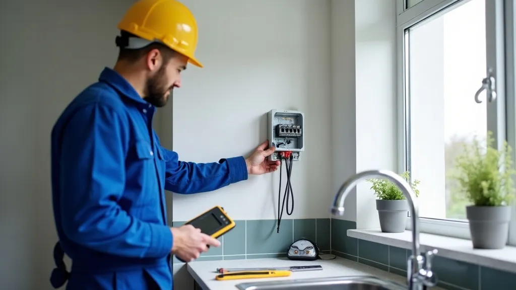 Irish electrician in work overalls inspecting a consumer unit in a modern home