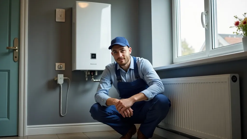 Irish plumber in work overalls beside a modern boiler unit in a tidy home utility room