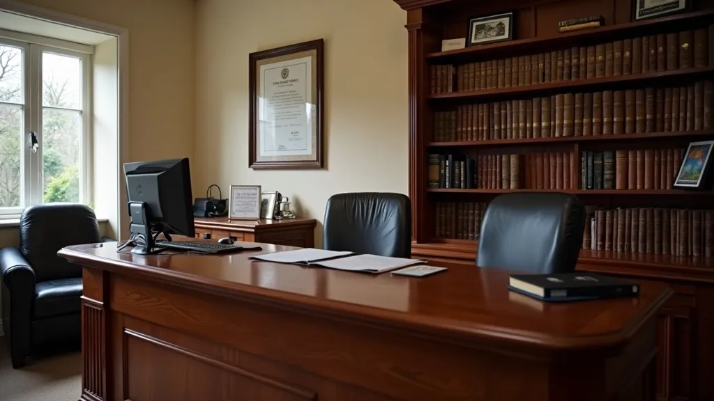 A professional solicitor's office in Ireland with a polished mahogany desk, shelves of law books, and a framed certificate on the wall
